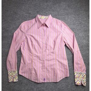 Robert Graham Shirt Women's XL Pink Striped Floral Cuffs Embroidered Cotton